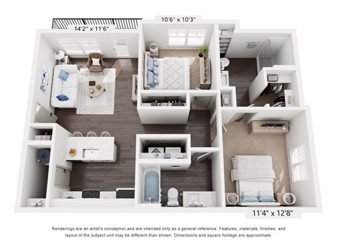 Floor plan for 2 beds, 2 baths, 954 sqft